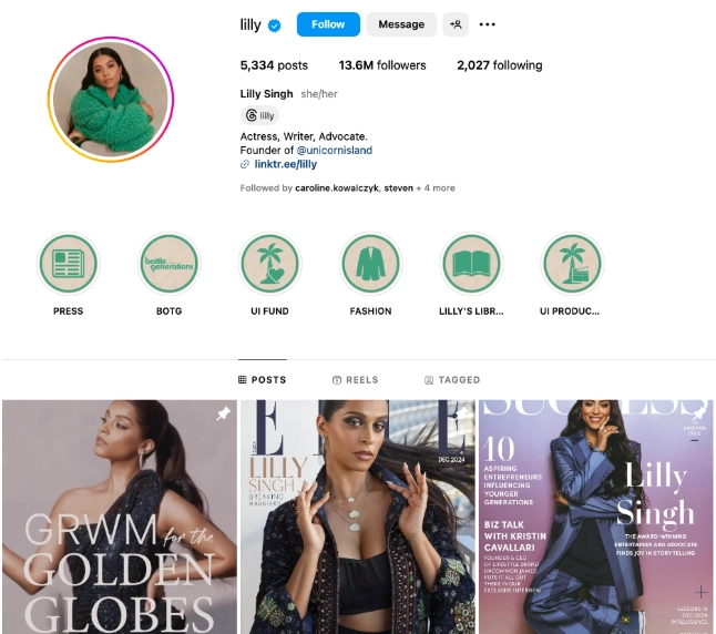 Lilly Singh's Instagram profile showcasing her posts, follower count, and bio describing her as an actress, writer, and advocate.