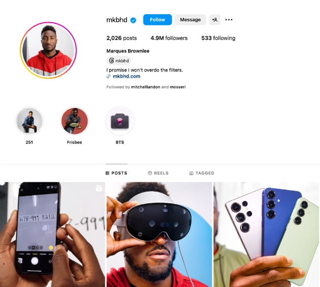 Instagram profile of Marques Brownlee (@mkbhd) with a focus on tech, showcasing various devices and a minimalistic design.