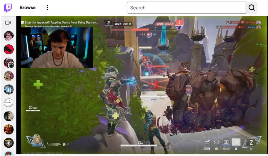 A gaming streamer captures gameplay of a character defending against an aggressive enemy in a vibrant, dynamic environment.