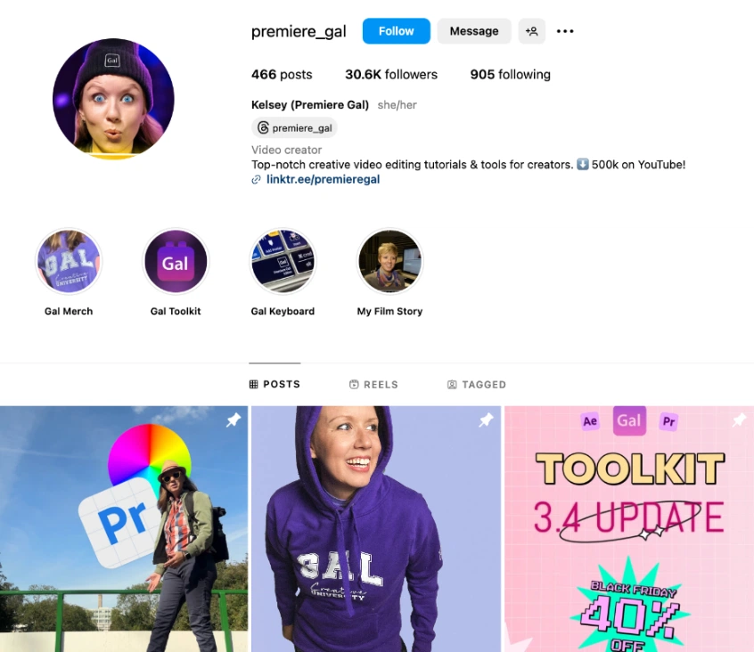 Instagram profile of a video creator showcasing a colorful editing toolkit, follower count, and various creative resources.