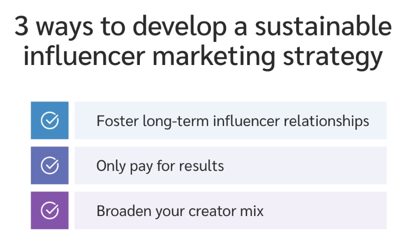 Text graphic outlining three strategies for sustainable influencer marketing: fostering relationships, paying for results, and broadening creator mix.