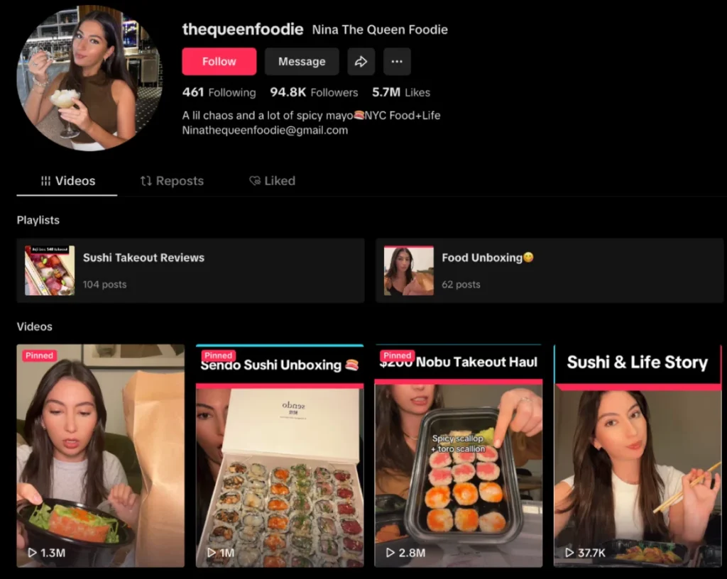 Profile of a food influencer showcasing sushi and takeout videos, featuring playlists and viewer engagement stats.
