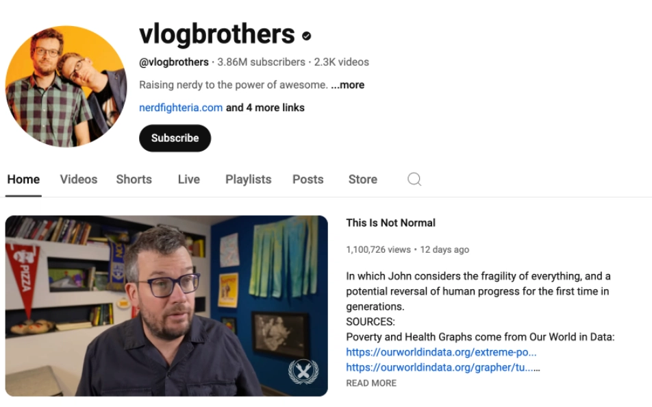 Image of a YouTube channel page featuring the vlogbrothers, showcasing their subscriber count and video titles.