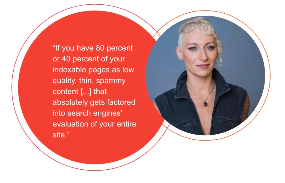 Lily Ray "If you have 80 percent or 40 percent of your indexable pages as low quality, thin, spammy content [...] that absolutely gets factored into search engines' evaluation of your entire site."