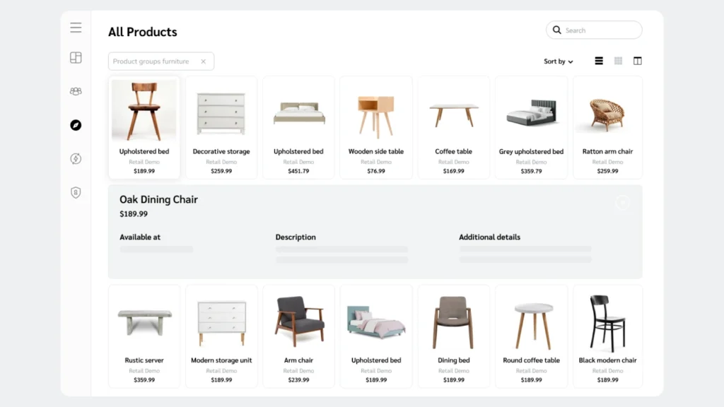 Screenshot displaying various furniture items available for purchase in a retail store setting.