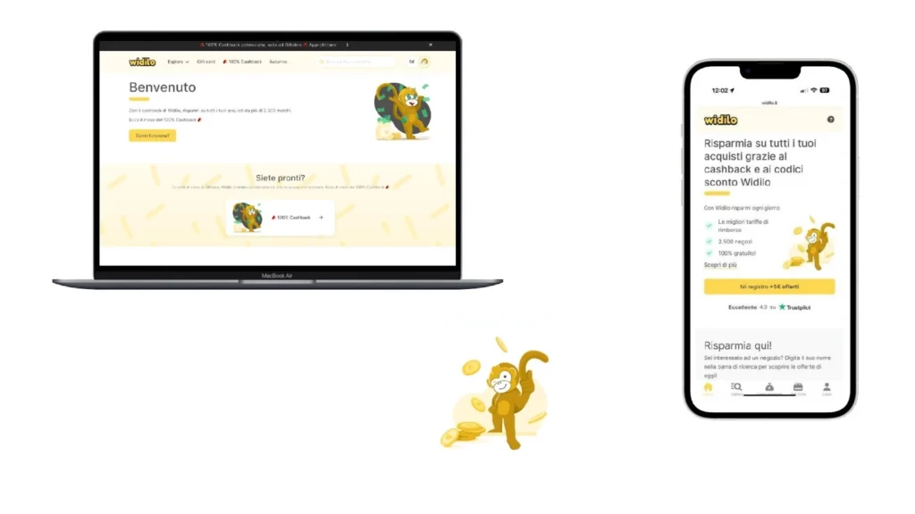 A yellow monkey sits atop a laptop, phone, and tablet, creating a playful tech scene.