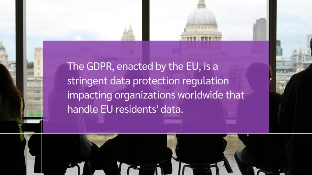 GDPR, highlighting its implementation date of May 25, focusing on enhanced data protection in the EU.