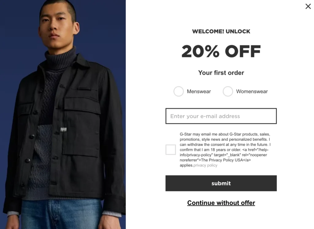 A man wearing a black jacket is prominently displayed on the website.