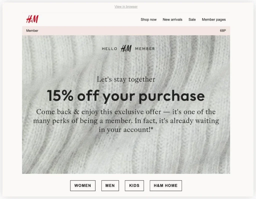 H&M coupon code displayed on a smartphone screen, promoting discounts on fashion items.
