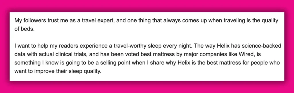 Text block promoting Helix mattresses with a focus on sleep quality and endorsements, targeting travelers.