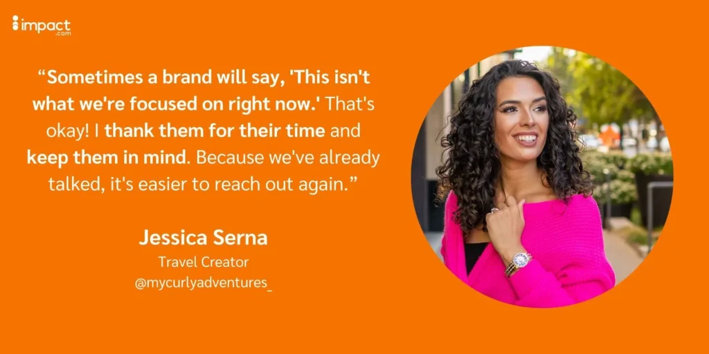 Promotional graphic with a quote from Jessica Serna, a travel creator, on a professional collaboration tip.