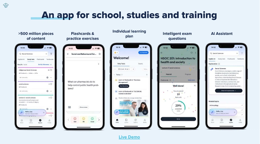Screenshot of an educational app presentation for school with various mobile interface examples.