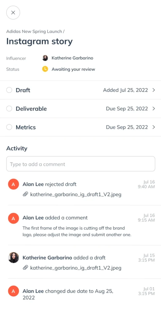 A digital interface showing an Instagram story draft for an Adidas spring launch, with comments and review status.