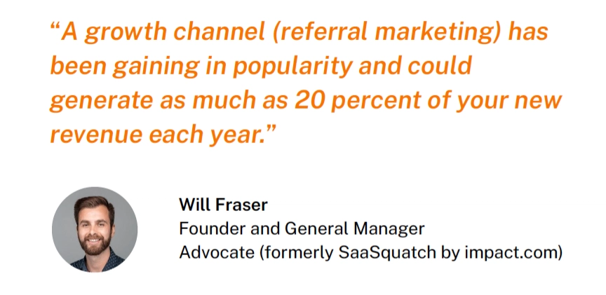 Quote by Will Fraser on the effectiveness of referral marketing, highlighting potential revenue growth of up to 20% yearly.