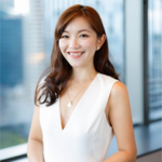 A woman with long, wavy hair stands confidently in a modern office setting, wearing a stylish white dress.