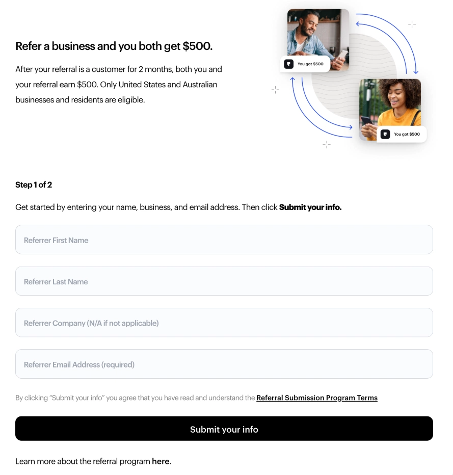 A referral program interface offering $500 rewards for both referrer and referred, with form fields for user information.