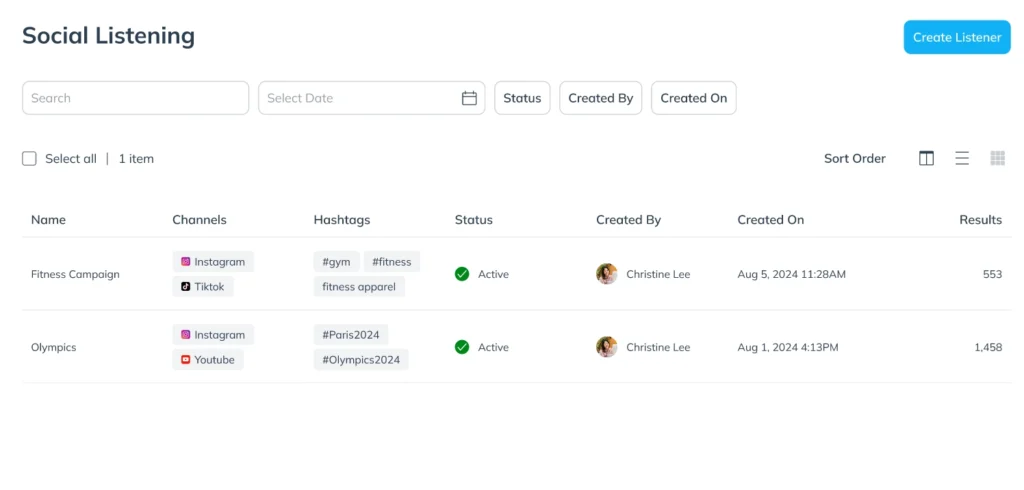 Screenshot of a social listening dashboard displaying two campaigns: Fitness Campaign and Olympics, with details like channels, status, and results.