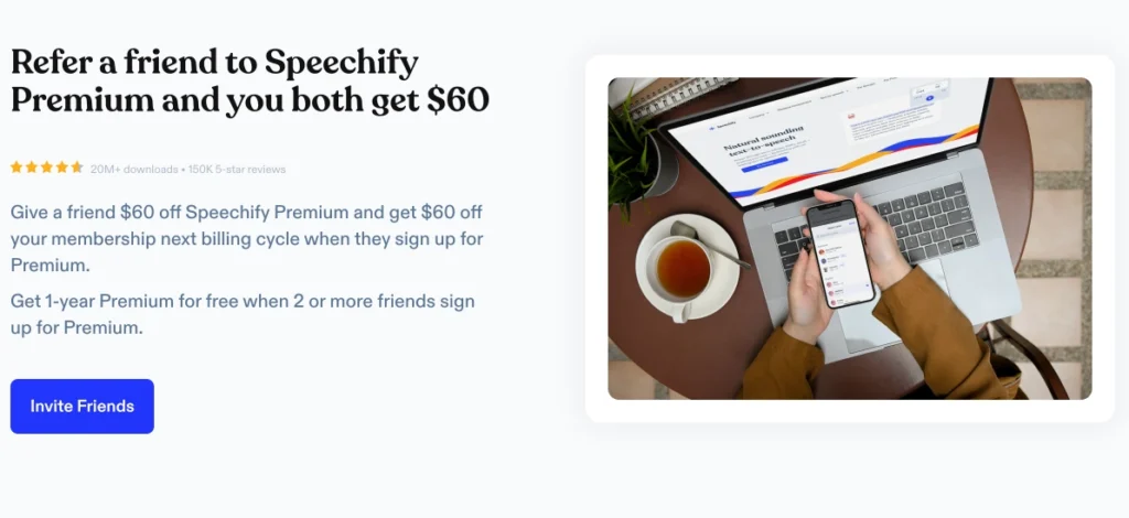 A person holds a smartphone while seated at a table with a laptop and coffee, promoting a Speechify Premium referral offer.