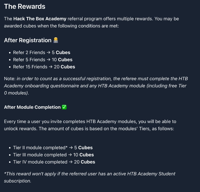 Text explaining the Hack The Box Academy referral program rewards, detailing cubes earned for friends referred and modules completed.