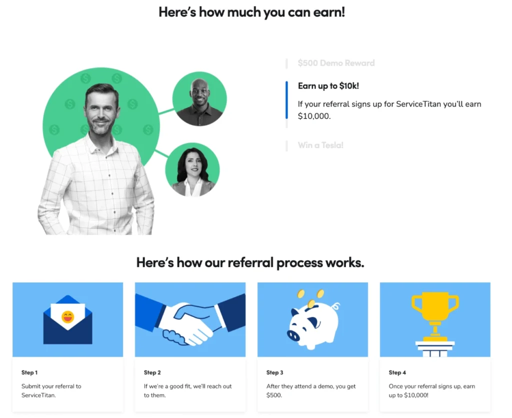 Infographic detailing a referral program for ServiceTitan, highlighting earning potential and process steps with a focus on rewards.