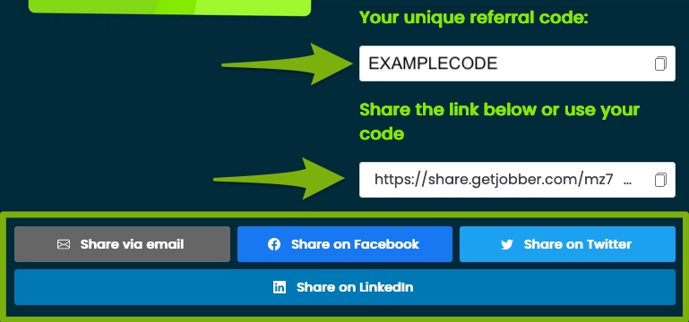 Image shows a referral section with a unique code, a shareable link, and buttons to share via email, Facebook, Twitter, and LinkedIn.