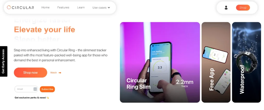 Homepage of Circular Ring showcasing a slim wellness tracker, app features, and highlights like waterproof design and early access options.