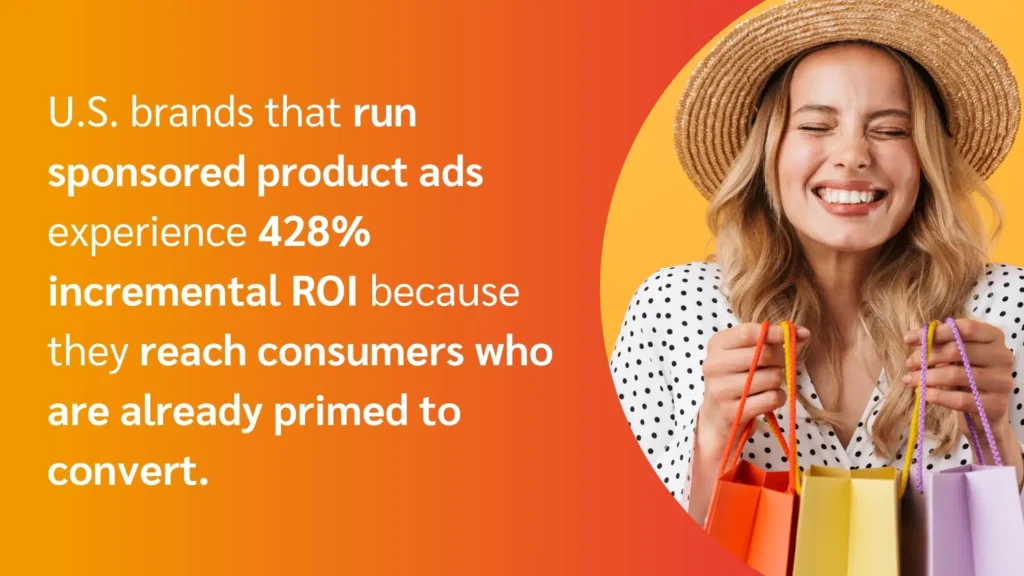 A woman in a straw hat holds colorful shopping bags, with a vibrant orange and yellow background highlighting her enthusiasm for shopping.