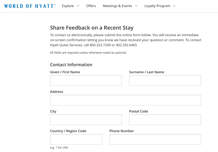 Online feedback form for Hyatt guests, requesting contact information such as name, address, and phone number.
