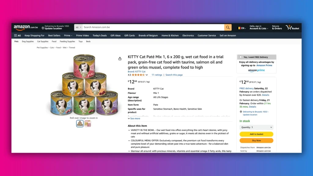 A colorful display of six cans of KITTY Cat Paté Mix, featuring various flavors, highlighted as grain-free, complete cat food.