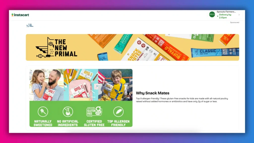 A colorful advertisement for "The New Primal" snacks featuring various gluten-free products and a promotional message about their benefits.