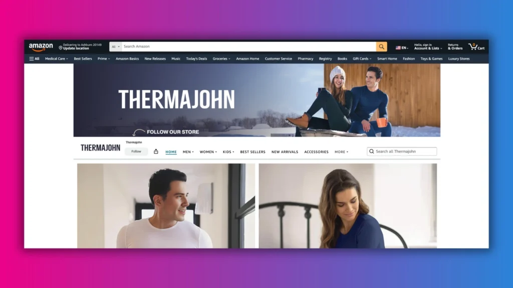 Amazon page for Thermajohn featuring cozy thermal apparel, showcasing models in comfortable settings with a winter backdrop.