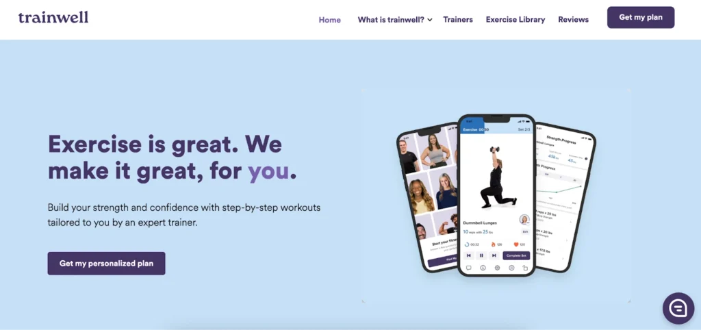 A promotional image for Trainwell featuring workout guidance on mobile devices, emphasizing personalized fitness and strength-building workouts.