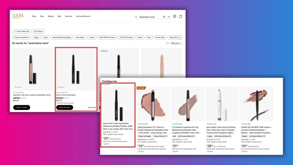 Screenshot of an Ulta Beauty webpage showcasing various eyeshadow stick products, their prices, ratings, and purchase options.