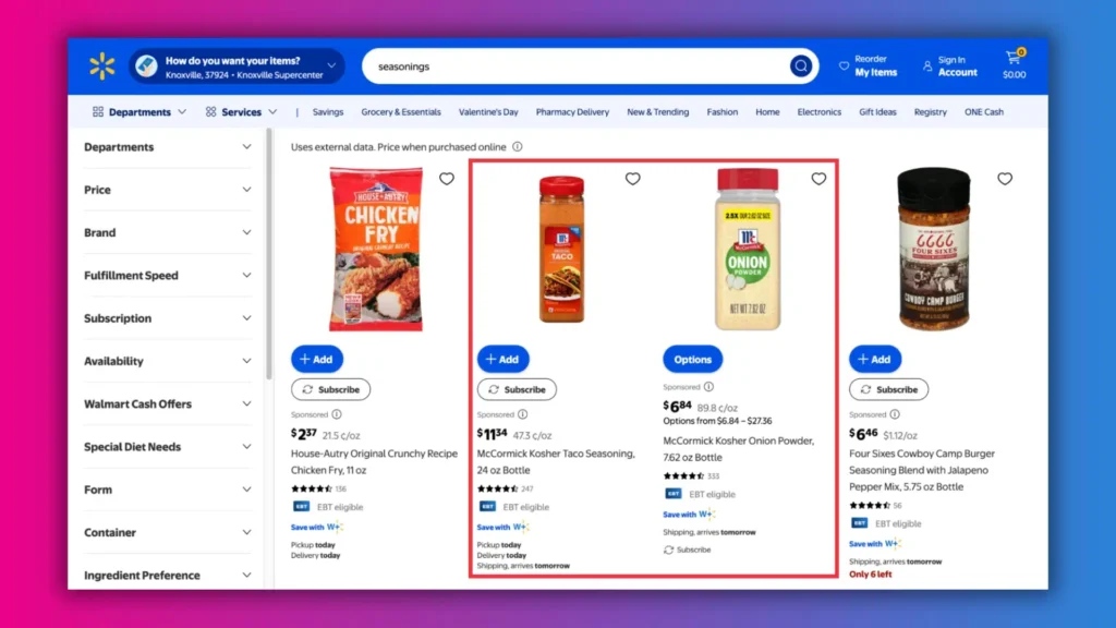 Walmart website displaying four seasoning products: House Autry Chicken Fry, McCormick Taco, McCormick Onion Powder, and Four Sixes Camp Burger.