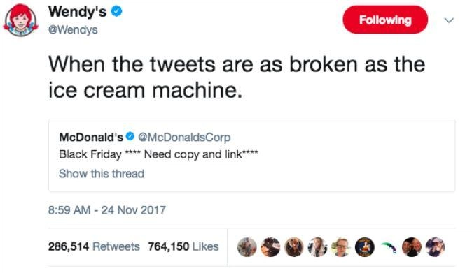 Wendy's tweet humorously critiques McDonald's broken tweet, comparing it to their infamous ice cream machine malfunctions.