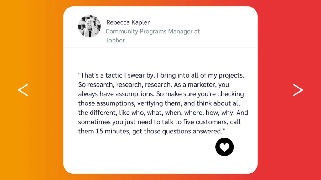 Quote from Rebecca Kapler, Community Programs Manager at Jobber, emphasizing the importance of research in marketing.