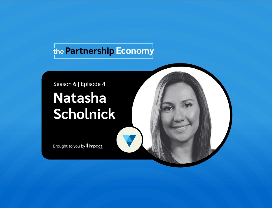 Graphic featuring the title "the Partnership Economy," Season 6, Episode 4, with Natasha Scholnick's name and a logo from discoverimpact.wpenginepowered.com.