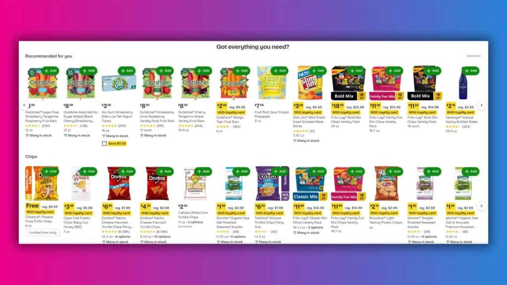 Shopping interface displaying snack options including fruit bars, chips, and yogurt, with prices and add-to-cart buttons.