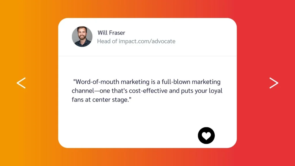 A colorful gradient background features a quote by Will Fraser highlighting the effectiveness of word-of-mouth marketing.