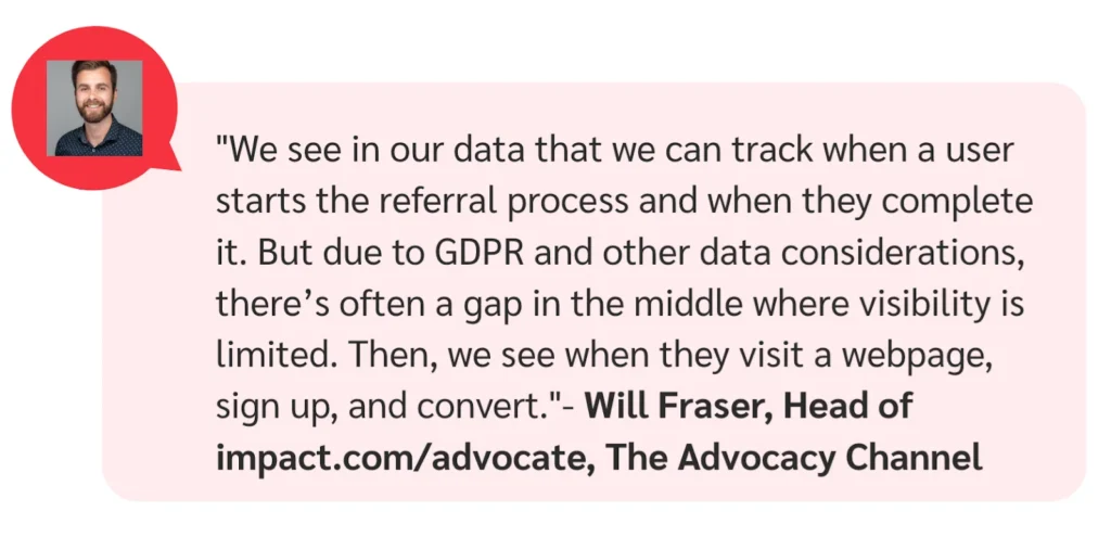 Quote from Will Fraser about tracking user referral processes and challenges posed by data privacy regulations, highlighted with a speech bubble.