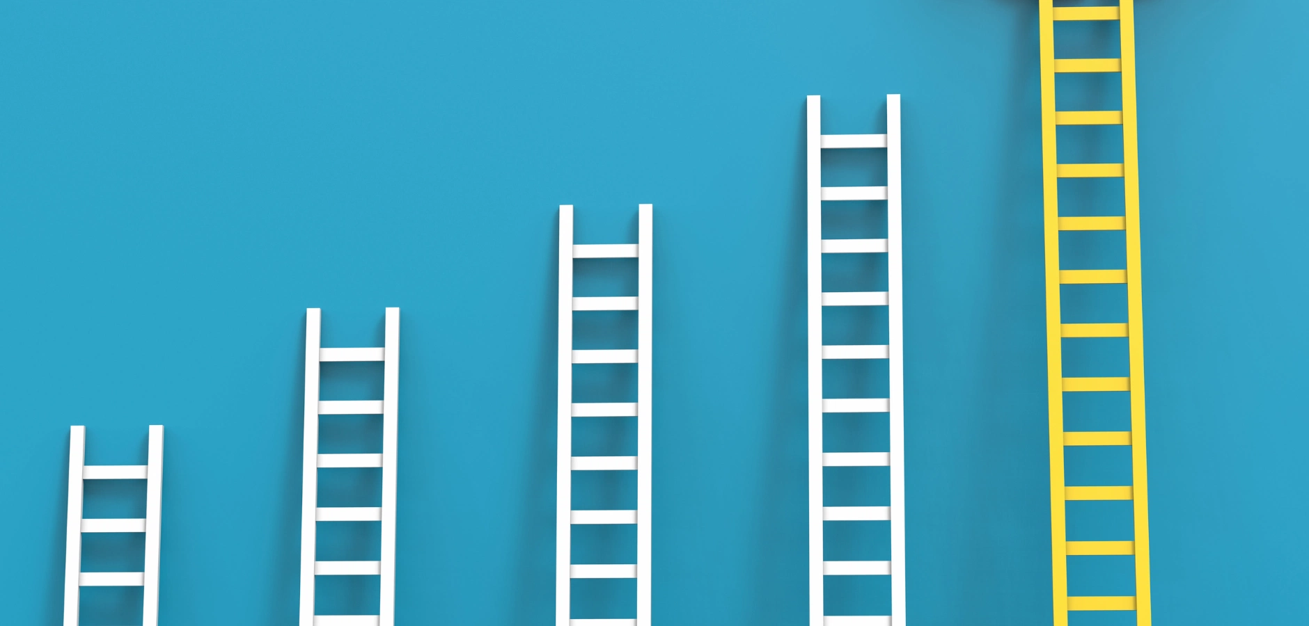 A row of five ladders of varying heights against a bright blue background, with the tallest ladder in yellow highlighting progress.