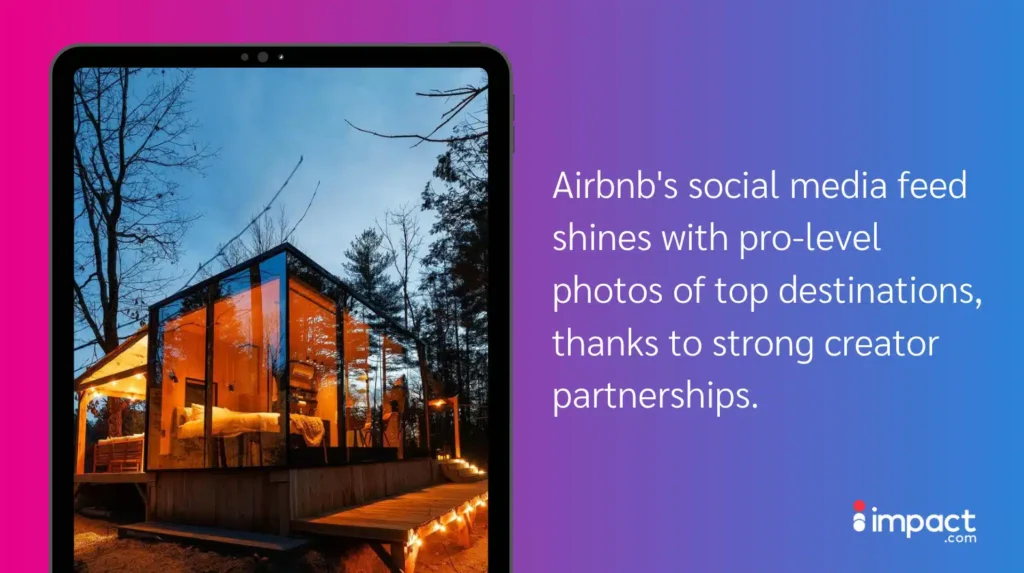 A modern glass cabin illuminated at dusk, surrounded by trees, showcasing Airbnb's aesthetic appeal in social media imagery.