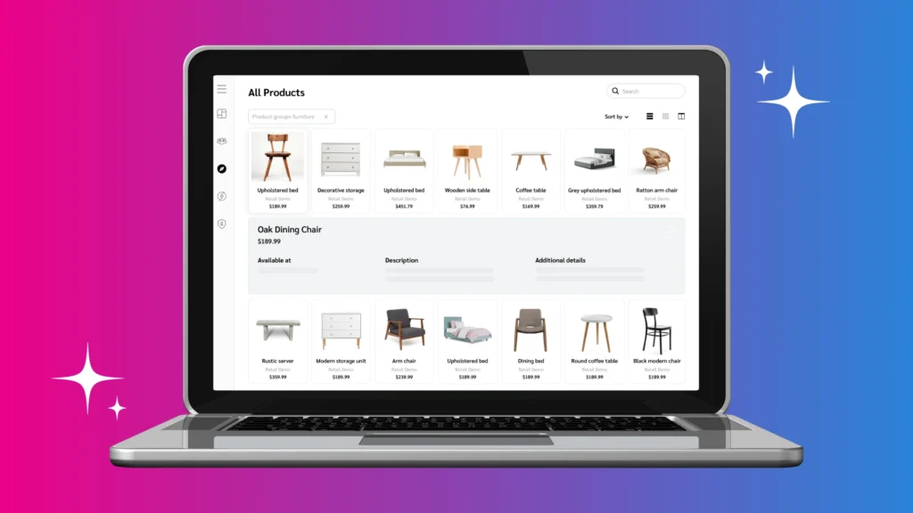 A laptop displaying a furniture e-commerce site featuring various products with prices, set against a colorful gradient background.