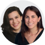 Two individuals with dark hair are positioned closely together against a plain white background, framed in a circular crop.