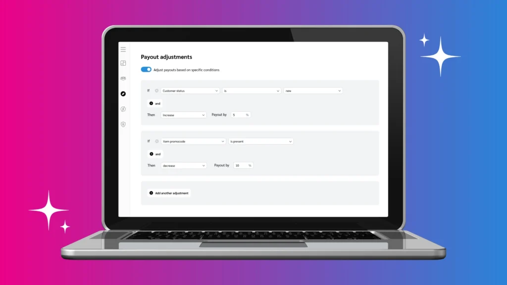 A laptop displaying a "Payout adjustments" interface, featuring options to increase or decrease payouts based on customer data and promotions.