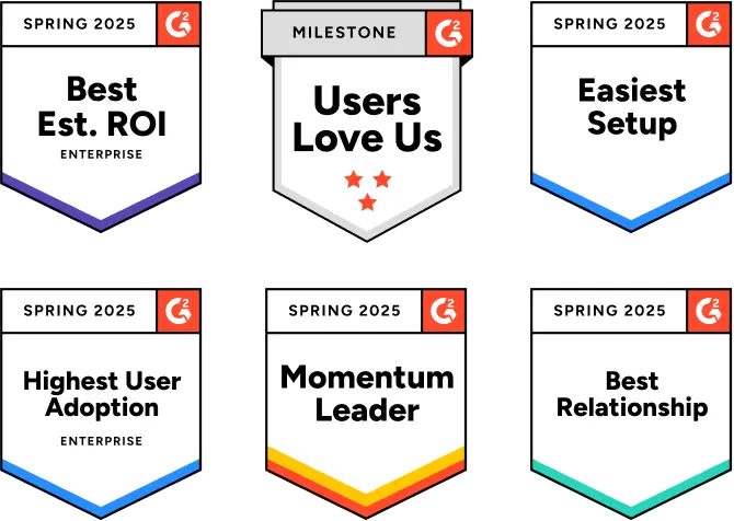 Image of G2 Spring 2025 award badges highlighting achievements like "Best ROI," "Users Love Us," "Momentum Leader," and more.