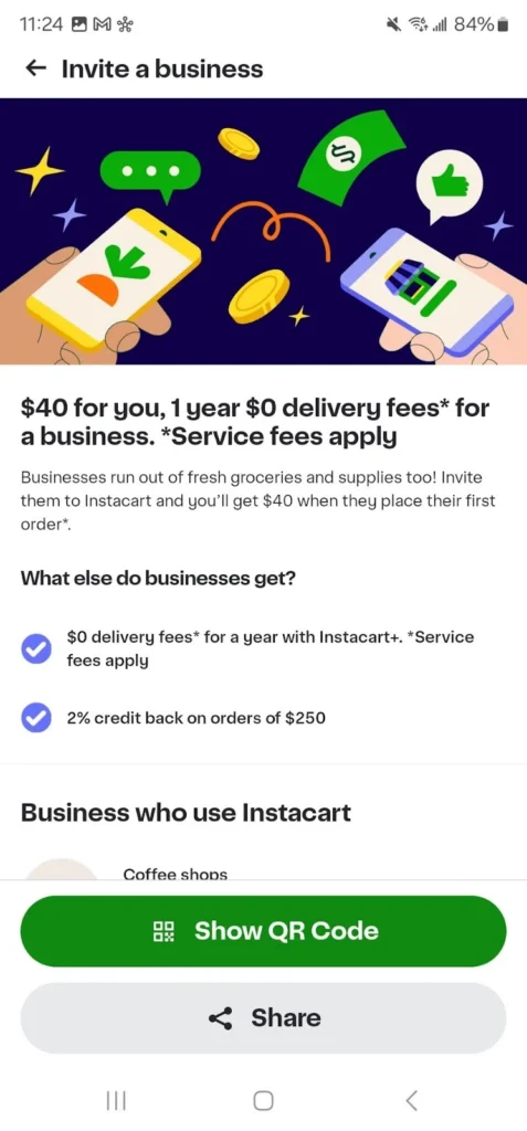 Illustration promoting Instacart's referral offer: $40 for inviting businesses, $0 delivery fees for a year, and cash back on orders.