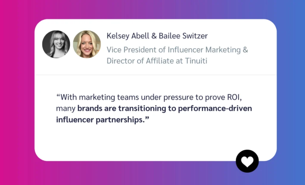Quote discussing the shift of brands to performance-driven influencer partnerships, attributed to Kelsey Abell and Bailee Switzer at Tinuiti.