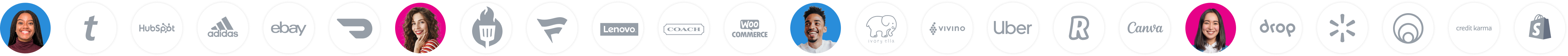 A series of circular logos representing various brands, displayed on a black background, alongside colorful profile images.