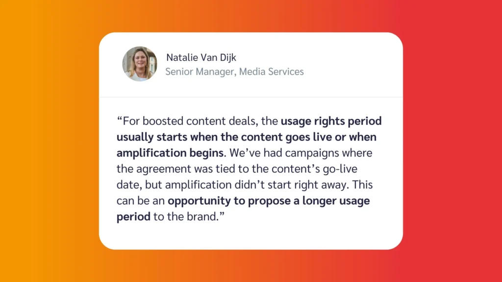 Text post by Natalie Van Dijk discussing usage rights for boosted content and the timing of amplification in media campaigns.